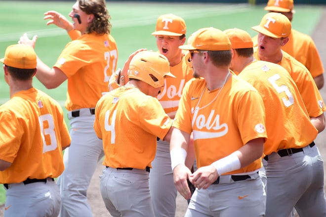 Tennessee's Seth Stephenson (4) celebrates a run during game two of the NCAA Knoxville Super Regionals between Tennessee and Notre Dame at Lindsey Nelson Stadium in Knoxville, Tenn. on Saturday, June 11, 2022.

Kns Tennessee Notre Dame Game 2