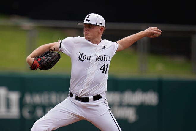 Jun 11, 2022; College Station, TX, USA;  Louisville pitcher Riley Phillips (41) delivers a pitch in the second inning against Texas A&M at Blue Bell Park. Mandatory Credit: Chris Jones-USA TODAY Sports