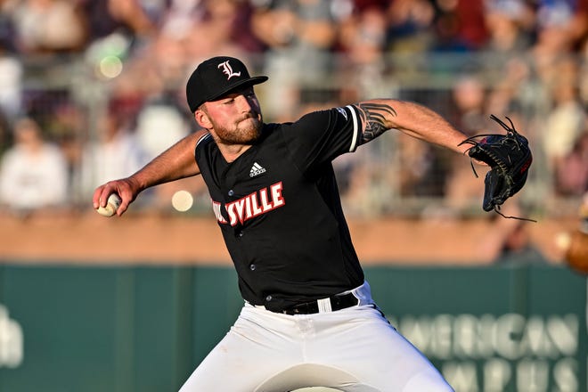 June 10, 2022;  College Station, TX, USA;  Louisville pitcher Jared Poland (25) delivers the pitch during the first inning against the Texas A&M.  Credit: Maria Lysaker-USA TODAY Sports