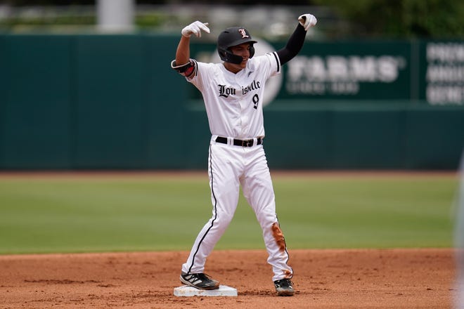 Jun 11, 2022; College Station, TX, USA;  Louisville infielder Christian Knapczyk (9) celebrates after hitting a double in the first inning against Texas A&M at Blue Bell Park. Mandatory Credit: Chris Jones-USA TODAY Sports