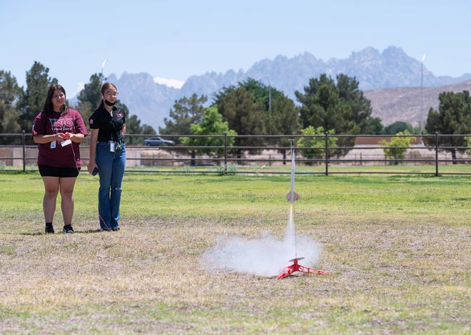 Aggie Academy Mini College program participants, Katelynne Britosalas, left, and Laila Batteras, launched rockets on the New Mexico State University Las Cruces campus as part of the 2022 Crimson Summer Institute for the TRIO Upward Bound Gadsden Independent School District/Las Cruces Public Schools Program.