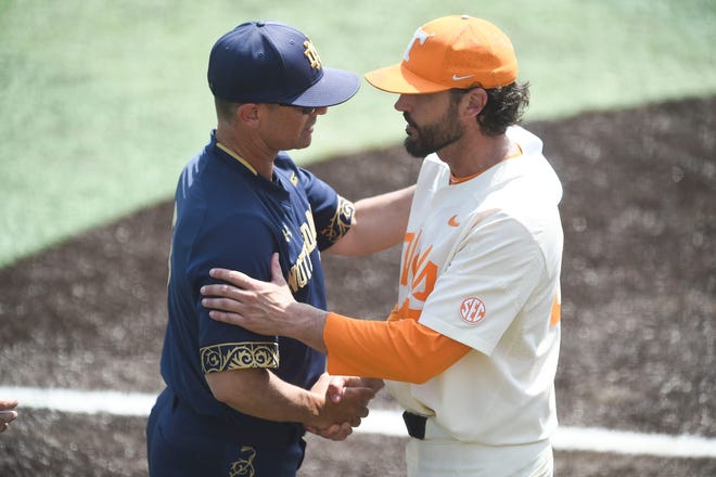 Tennessee baseball coach Tony Vitello and Notre Dame baseball coach Link Jarrett shake hands after Tennessee loss to Notre Dame in the NCAA baseball Super Regional championship game in Knoxville, Tenn. on Sunday, June 12, 2022.

Kns Ut Baseball Notre Dame