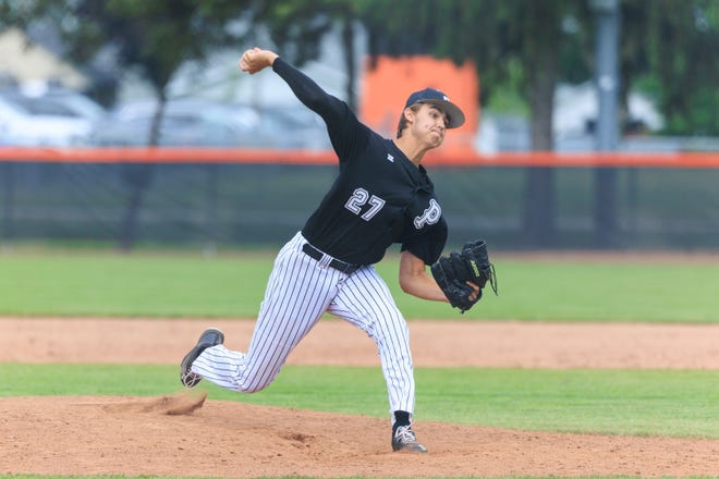 Penn's Brayden Schoetzow delivers the pitch during the Penn-Zionsville high school 4A semistate baseball game on Saturday, June 11, 2022, at LaPorte High School - Schreiber Field in LaPorte, Indiana.