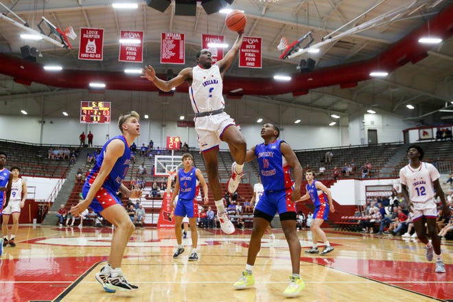 Indiana Amhad Jarrard (2) up for a lay up during the Boys High School All-Star basketball game as Kentucky vs Indiana, Jun 11, 2022; Indianapolis, IN, USA;  at Southport Fieldhouse.
