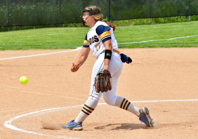 South Lyon's Ava Bradshaw pitches during the Division 1 softball regional final against Dexter on Saturday, June 11, 2022, at Northville.