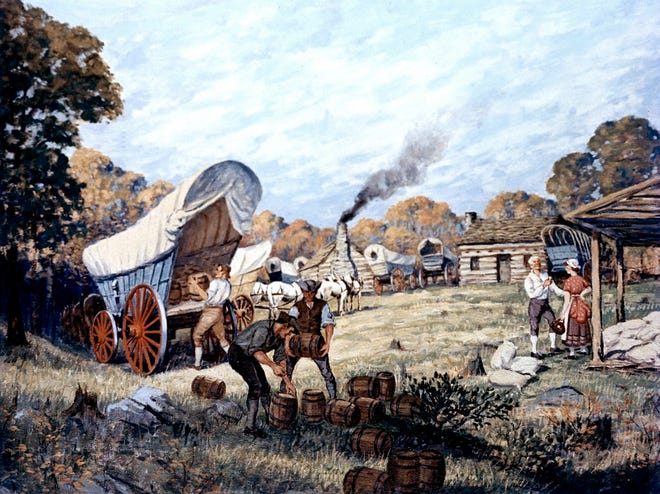 Wagons like the one in this painting by Carl Rakeman moved millions of tons of merchandise and raw material on the turnpikes and plank roads of early Canandaigua and Ontario County. This one is being loaded with kegs of whiskey to be shipped east. The whiskey industry didn't begin in Kentucky and Tennessee. In reality whiskey was a product of the various frontiers due to a lack of industrial level milling and adequate inexpensive transportation.