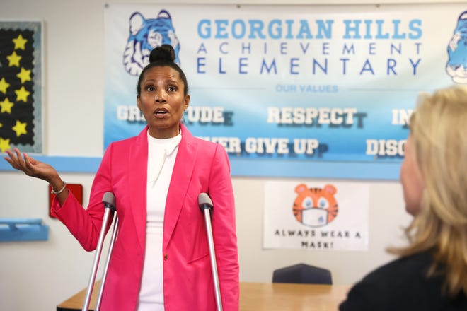 Lisa Settle, superintendent of the Achievement School District, speaks to visitors at Georgian Hills Achievement Elementary School on Monday, June 13, 2022. 