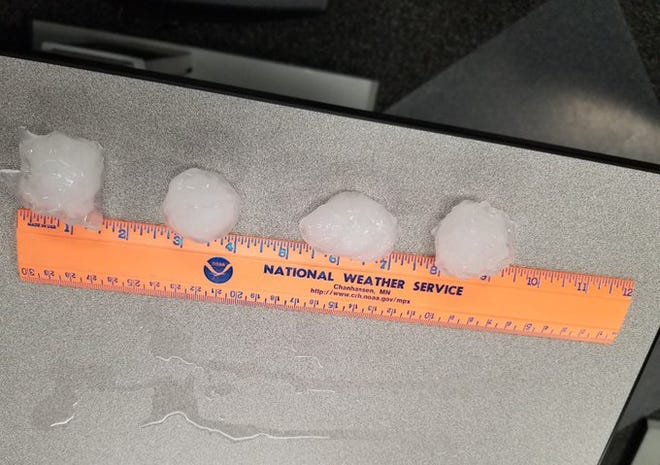 Hail, some of it 2 inches in diameter, fell at the National Weather Service office in Sullivan, Wisconsin, on June 11, according to a Tweet from the office.