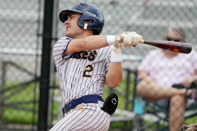 Notre Dame High School's Carson Chiprez (2) at bat during the first game of a doubleheader between Notre Dame and West Burlington High School Monday June 13, 2022 at Notre Dame's Winegard Field.