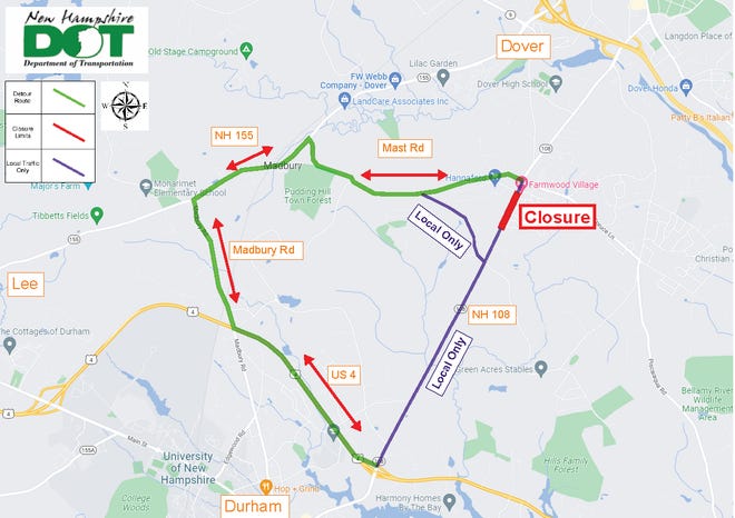 Detour map for the Route 108/Durham Road closure that will begin at 9 a.m. Monday, June 20.