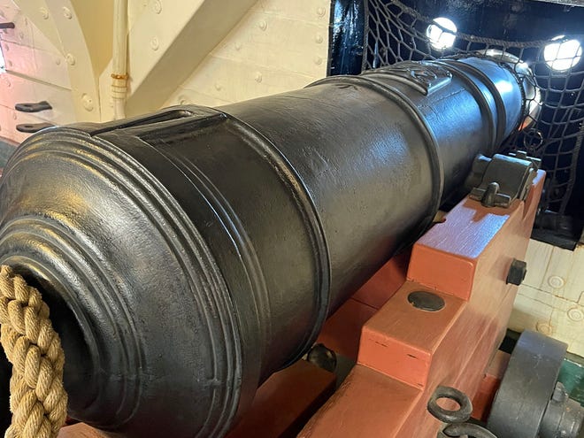 This is a replica of a cannon on the USS Constitution. During the War of 1812, the ship had twenty-four 32-pound carronades on the spar deck, as well as a long 18-pound “chase” gun forward and thirty 24-pound long guns on the gun deck. Only two of the cannons can fire and that’s only for salutes.