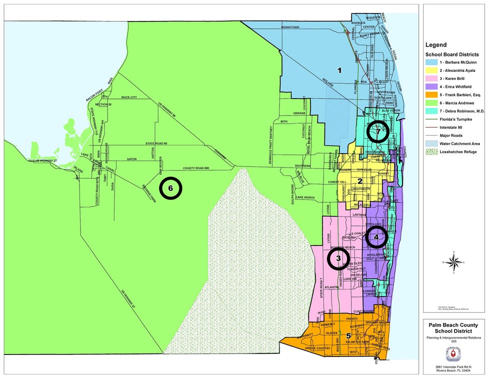 A graphic shows the four Palm Beach County school board districts up for election in 2022: District 3, District 4, District 6 and District 7.