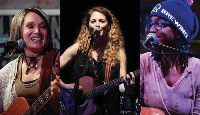 From left, Megan Kuehnber, Sonia Tetlow and Senorita Awesome are the featured artists for Tuesday's Joe Thomas Jr. Guitar Pull at the Cloverdale Playhouse.
