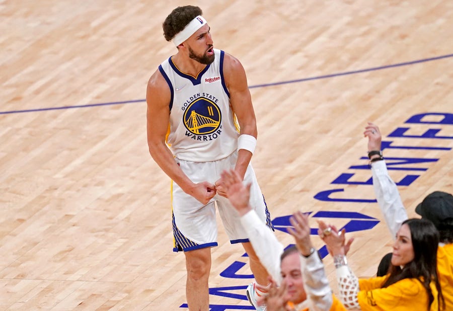 Game 5: Warriors guard Klay Thompson gets pumped after a big fourth-quarter bucket.
