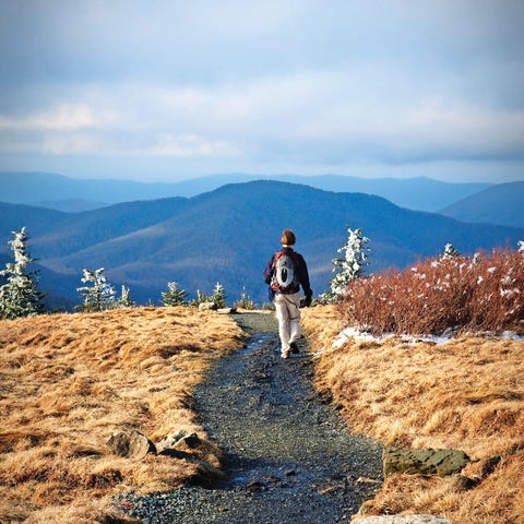 A hiker walks on the Appalachian Trail at Round Ba