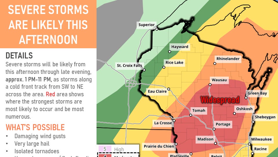 Large parts of Wisconsin at risk for severe weather Wednesday