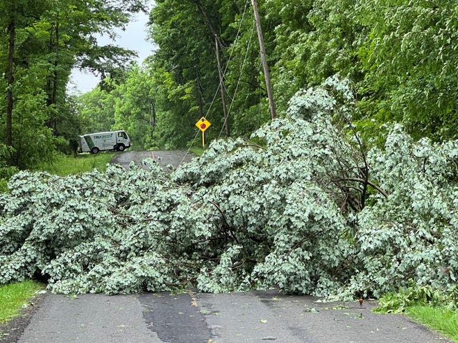 A service truck turns around Tuesday morning after encountering a downed tree and utility lines across Graham Road.