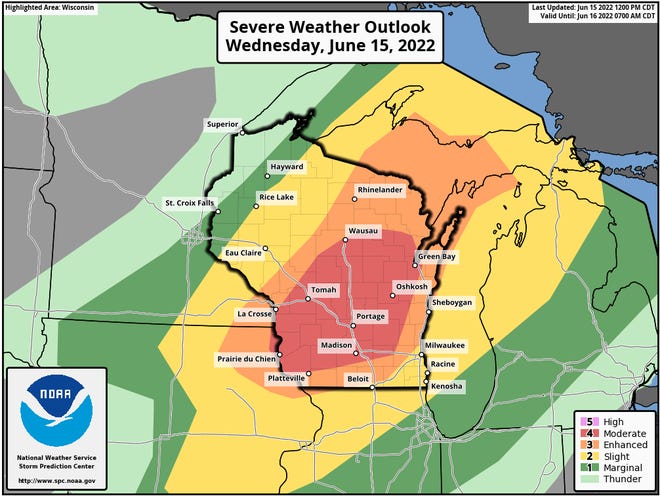 The national Storm Prediction Center has upgraded the risk for severe storms across a large portion of Wisconsin on Wednesday.