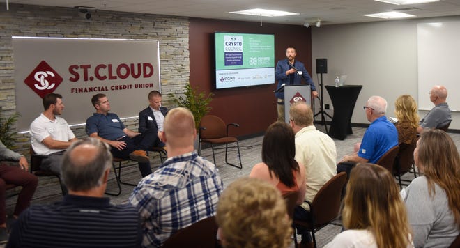 Alex Schoephoerster, an attorney at Moss & Barnett, speaks as a board member of the new MN Crypto Council Tuesday, June 14, 2022, at St. Cloud Financial Credit Union.