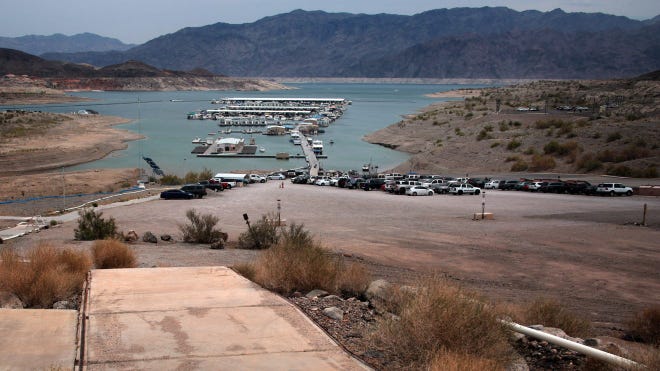 The marina at Callville Bay has had to be moved repeatedly as the level of Lake Mead has dropped. Photo taken on May 23 near the marina’s administration building, where the water level stood when the reservoir was nearly full in 2000.