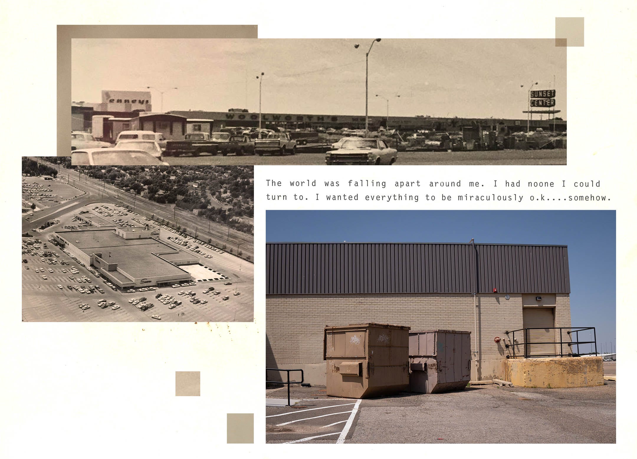 Dumpsters outside the Sunset Center (pictured at left in the 1960s) where a Safeway was located in 1975. The center was a few blocks from the apartments where Nicole Carroll lived as a child. It was there where she and her sister found a black trash bag that held puppies.