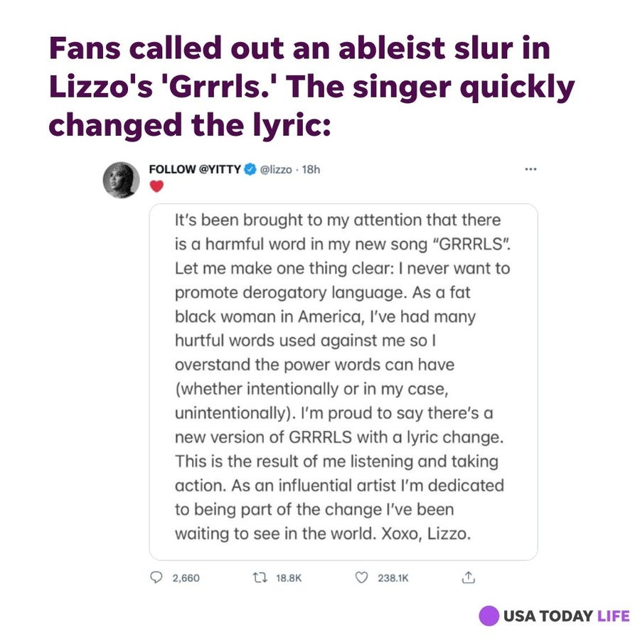 Lizzo speaks out via social media about a changed song lyric.