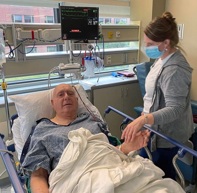 Dick Vitale and a nurse at Boston's Massachusetts General Hospital in a recovery room Thursday following surgery on Vitale's vocal cords. COURTESY PHOTO