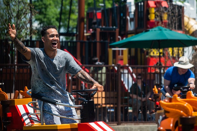 Noel Sanchez from Dominican Republic rides Rogue Riders at Legoland New York in Goshen, NY on Wednesday, June 15, 2022.