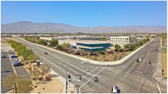 A rendering shows plans for a new warehouse project on the southwest corner of Avenue 45 and Golf Center Parkway in Indio, Calif.
