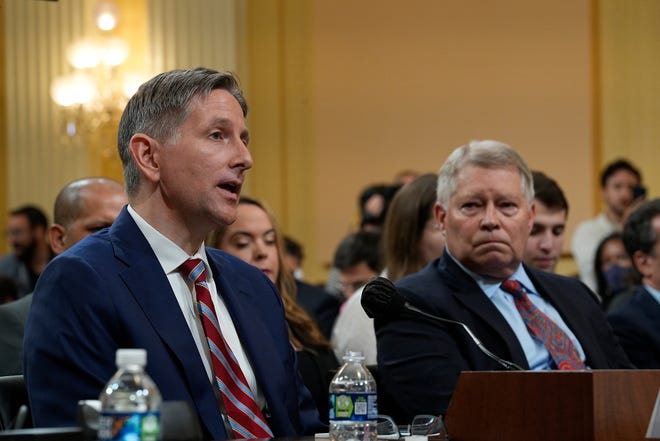 Greg Jacob (left), former counsel to Vice President Mike Pence testifies along with J. Michael Luttig, retired judge for the U.S. Court of Appeals for the Fourth Circuit and informal advisor to the Vice President during the House select committee to investigate the Jan.6th attack on the Capitol on June 16, 2022.