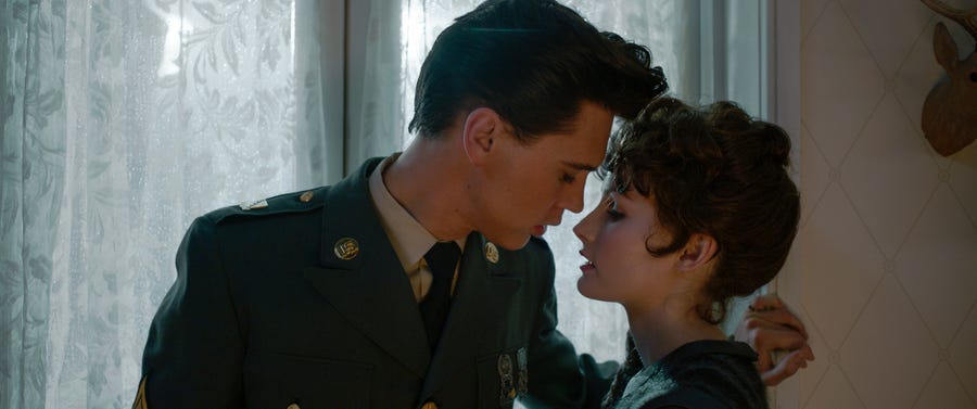 Elvis Presley (Austin Butler) meets and falls for future wife Priscilla (Olivia DeJonge) while serving in the Army in "Elvis."
