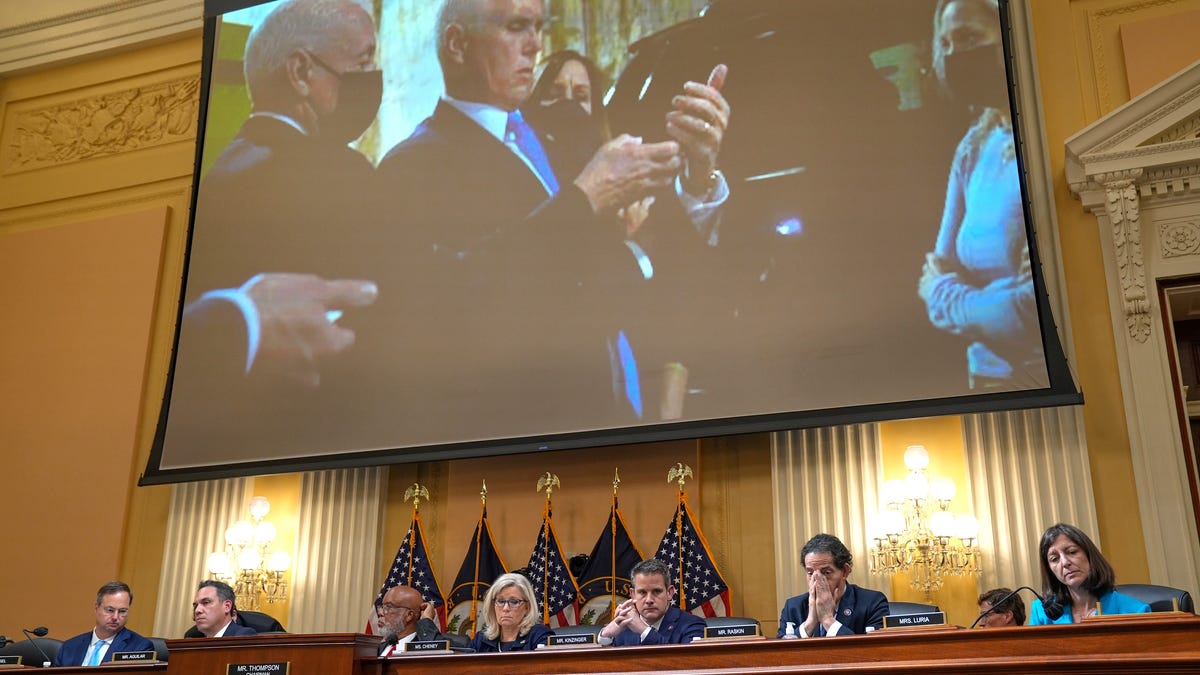 A photograph of Mike Pence as the secret service tried to evacuate him from the capital is projected onto a screen during the House select committee to investigate the Jan.6th attack on June 16, 2022.