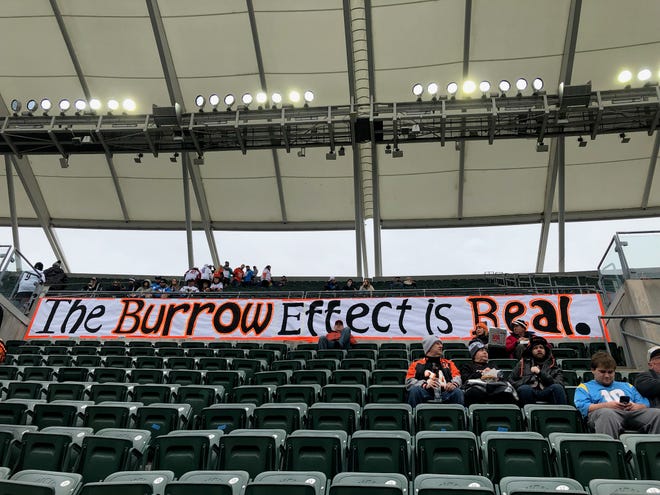 "The Burrow Effect is Real" reads the banner Jeff "Bengal Boy" Wagner hung in Paul Brown Stadium.