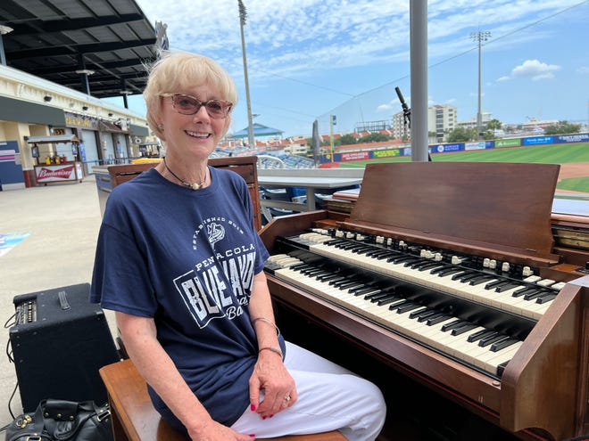 Nancy Faust, the Hall of Fame organization who worked 41 years for the Chicago White Sox and became a baseball institution, tries out the organ she will play Saturday at Blue Wahoos Stadium during her first-ever visit to Pensacola