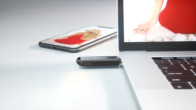 Easily transfer large files between laptops, smartphones and tablets with the pinky-sized SanDisk Ultra Dual Drive Luxe USB Type-C (from $11) that has a USB-A connector on one end and a USB-C connector on the other.