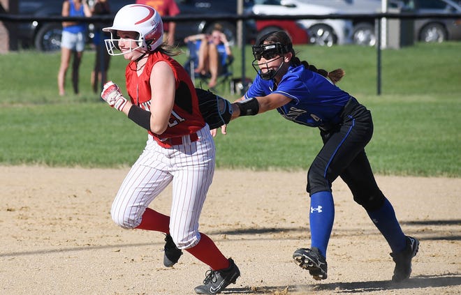 Hailey Merriman, 4, eliminated Gabby Velasco of North Tama during the third inning of the Spartans' 16-0 victory over the Redhawks at Collins Softball, Friday, June 17, 2021, in Collins, Iowa.