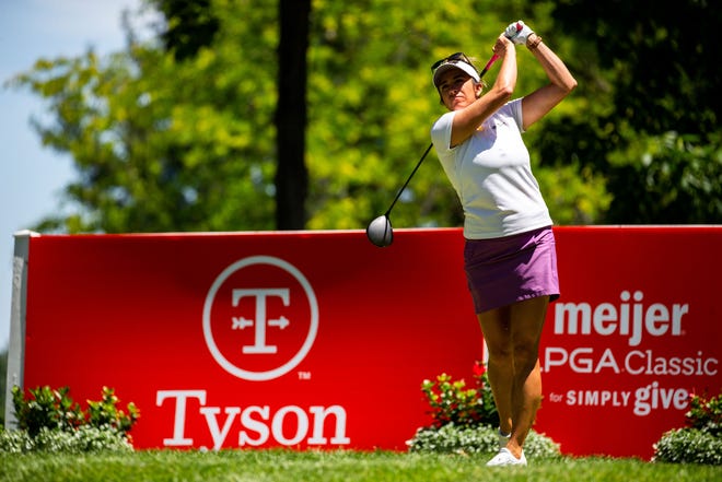 Gerina Mendoza tees off during the third round of the Meijer LPGA Classic Saturday, June 18, 2022, at Blythefield Country Club in Belmont Michigan.