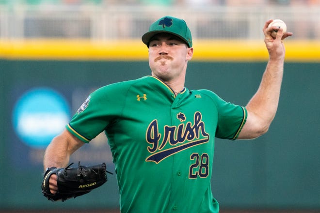 June 17, 2022; Omaha, NE, USA; Notre Dame starting pitcher John Michael Bertrand (28) pitches during the sixth inning at Charles Schwab Field. Mandatory Credit: Dylan Widger-USA TODAY Sports