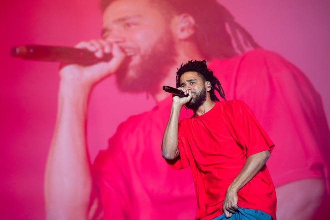J. Cole performs on the What Stage during the Bonnaroo Music and Arts Festival held in Manchester, Tenn., on Friday, June 17, 2022.