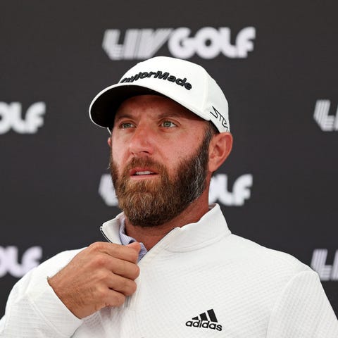 Dustin Johnson attends a press conference ahead fo