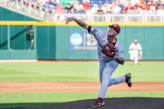 Jun 19, 2022; Omaha, NE, USA; Oklahoma Sooners starting pitcher Cade Horton (9) pitches against the Notre Dame Fighting Irish during the first inning at Charles Schwab Field. Mandatory Credit: Dylan Widger-USA TODAY Sports