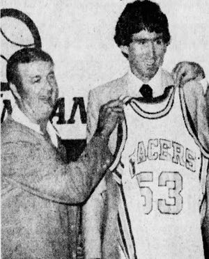 Rick Robbie with Pacers coach Slick Leonard in 1978 after the team took over Robbie with his third overall pick in the NBA Draft.