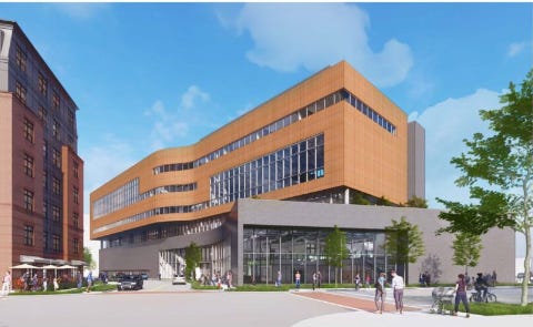 This rendering shows an option for the exterior materials of the planned Upper Arlington community center that would use terracotta, or a fired-clay brick. The city also is considering using a glass curtain wall for the exterior materials.