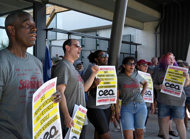 Members of the Columbus Education Association held a rally June 21 outside the Columbus City Schools' Board of Education meeting at the South Administrative Building on South High Street. The union alleges that the district has rewritten the job descriptions of staff who work with the Project Connect Program that assists homeless students and that the employees who work with the program will be hit with a huge pay cut and be removed from their union status.