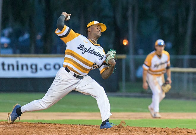 Leesburg's Najer Victor (29) pitches against the Winter Park Diamond Dawgs on June 10 at Pat Thomas Stadium-Buddy Lowe Field in Leesburg. Victor is the Florida Collegiate Summer League Pitcher of the Week.