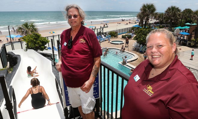 Sun Viking Lodge assistant general manager Joel Pape and general manager Amy Alexon watch over guests at the popular waterslide on the oceanfront pool deck at the Sun Viking Lodge in Daytona Beach Shores. The Sun Viking Lodge is ranked atop a list of the Top 25 Hotels For Families in the United States as part of the 2022 Travelers’ Choice Best of the Best Awards presented by travel website TripAdvisor.com.