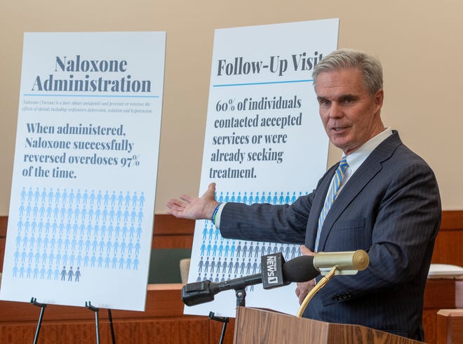 Worcester County District Attorney Joseph D. Early Jr. speaks about the opioid crisis during a press conference Tuesday.