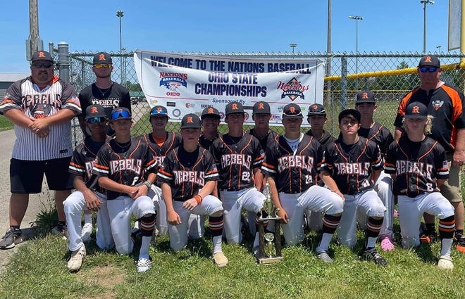 Rebels Baseball 14U placed third at the Nations State Division 3 Championships Tournament recently. The team went 2-1 in pool play and 2-1 in bracket play to finish third in the gold bracket of the 28 team tournament. Team members are Brody Brickles (Newcomerstown), Cam Nauer (Dover), Vincent Sciarretti (Canton CC), Dylan Dumermuth(Tusc CC), Ethan Fair (Claymont), Kamden Wright (Conotton Valley), Nate Downing (Conotton Valley), Conner Somogye (Newcomerstown), Tanner Smith (Newcomerstown), Zane Popadak (Newcomerstown), Cooper Haun (Carrollton) and Nick Miller (Tusky Valley). The team was coached by Jayson Brickles, Brayden Brickles and Bob Fair