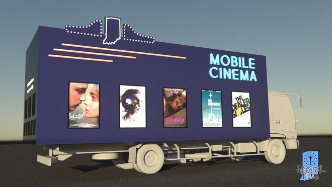 A design representation of the plan for the exterior of the mobile cinema.