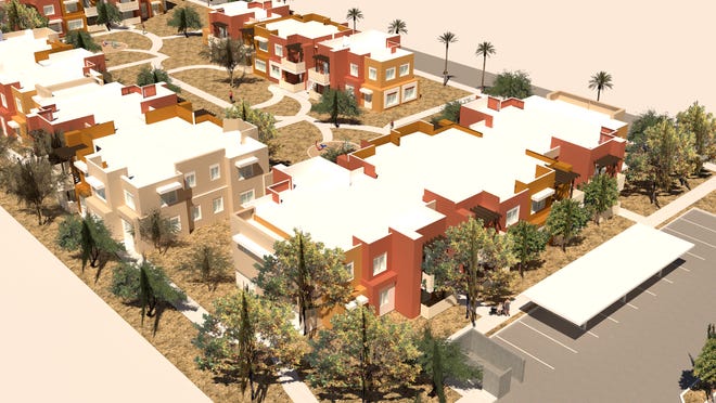 A rendering shows an overview of the Oasis Villas Apartment Housing project set for the unincorporated area of Oasis in Riverside County.